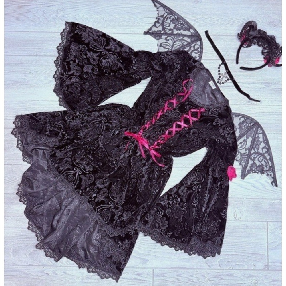New Spirit Halloween Gothic Devil Costume Kids Med 8-10 Dress Wings Headband Set
